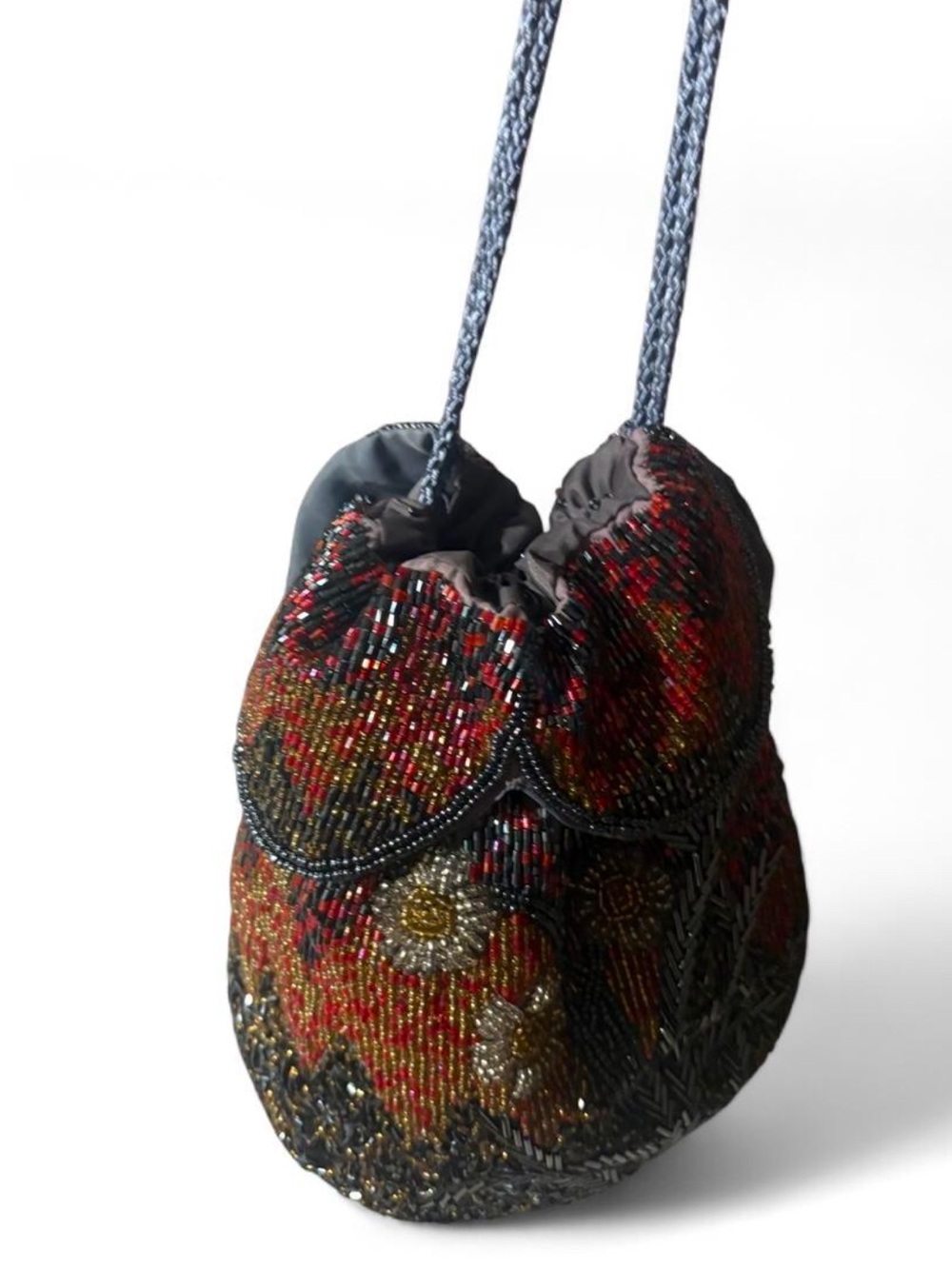 Vintage Beaded Floral Drawstring Bucket Bag - Red and Black